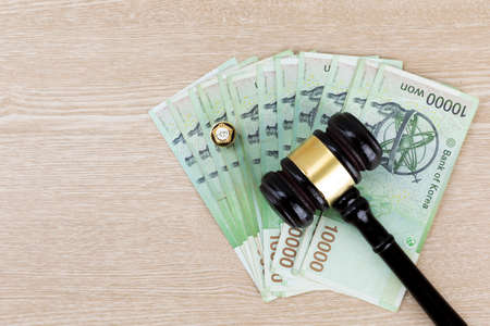 Crime and law - bribe concept, parlimamentary government badge, coins and moneyの写真素材