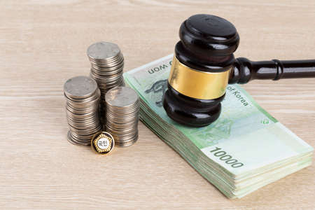 Crime and law - bribe concept, parlimamentary government badge, coins and moneyの写真素材