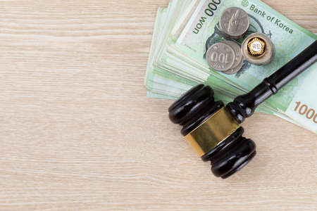 Crime and law - bribe concept, parlimamentary government badge, coins and moneyの写真素材