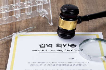 Crime and law - quarantine voucher and examiners and gavel