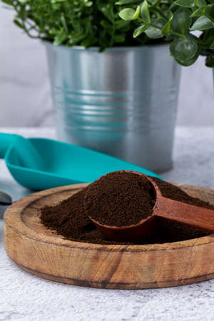 recycling coffee - wood spoon, wood bowl and capsule coffeeの写真素材