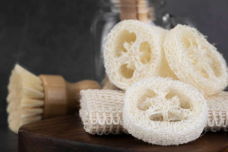 Zero waste - natural loofah brush and bamboo strawsの写真素材
