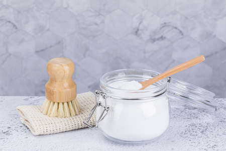 Zero waste cleaning tools, wood brush, natural sponge, baking sodaの写真素材