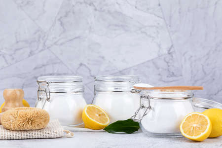 Zero waste concept, natural loofah and carbonated soda, citric acid powderの写真素材