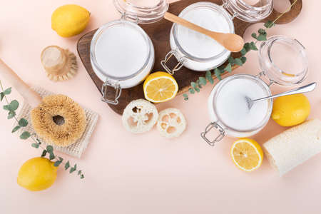 Zero waste cleaning - baking coda, citric acid pwoder, sodium carbonate powderutting board all iron spoon and wooden spoonの写真素材
