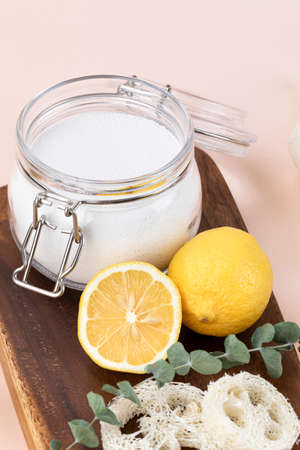 Zero waste cleaning - lemon and natural loofah with citrate powderの写真素材