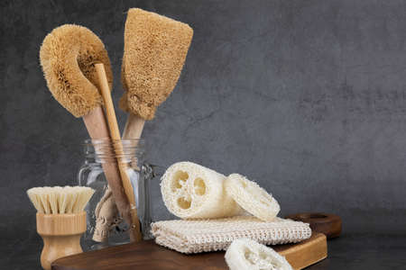 Zero waste - natural loofah brush and bamboo strawsの写真素材