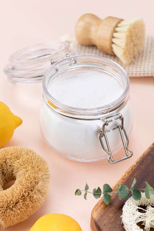 Zero waste cleaning - lemon and natural loofah with citrate powderの写真素材