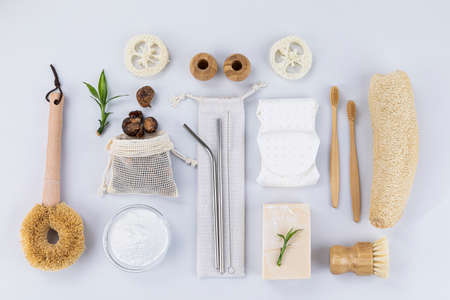 Zero waste cleaning tools and kit, natural loofah, bamboo brush, stainless strawの写真素材