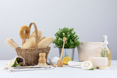 Zero waste cleaning - natural loofah, bamboo brush, soap nuts, cotton napkinsの写真素材