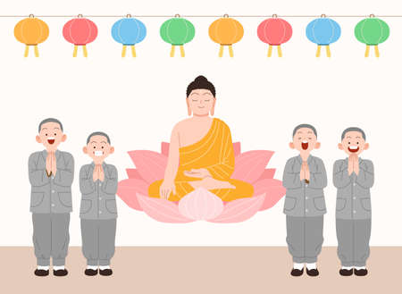 Buddha day with lotus flowers and monksのイラスト素材