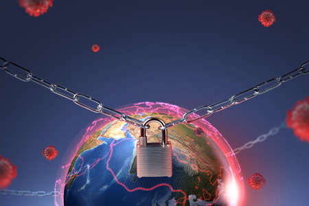 omicron virus and lock around earth, global crisis posterの写真素材