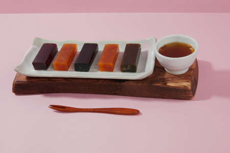 korean traditional dessert, red beans sweet jelly, jujube teaの写真素材
