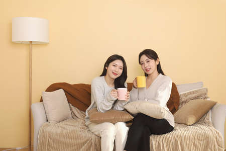 asian korean women spending happy chitchat and tea time indoors