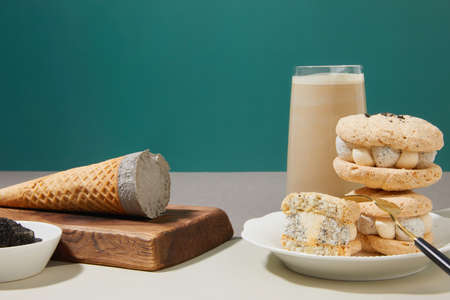 korean traditional rice cake Injeolmi with latte, dacquoise and ice creamの写真素材