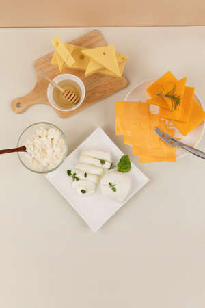 mozzarella cheese and ricotta cheese, cheddar cheese, emmental cheese, ivory backgroundの写真素材