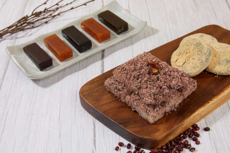 korean traditional dessert, rice cake Injeolmi, red beans sweet jelly