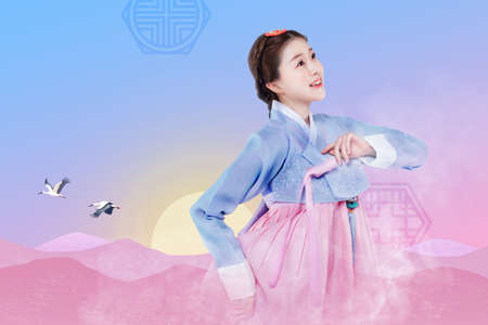 colorful Korea new year greeting poster with Korean model with Hanbok