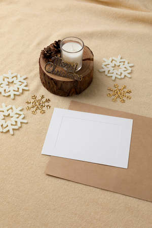 Christmas ornaments, card and candle