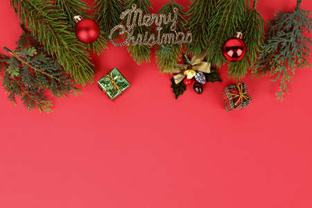Christmas objects in red backgroundの写真素材