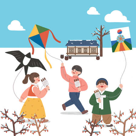 korean traditional holiday, illustration of children flying kitesのイラスト素材