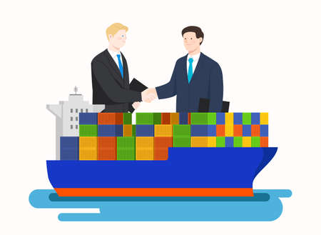 container cargo ship and two men shake hands with the contract