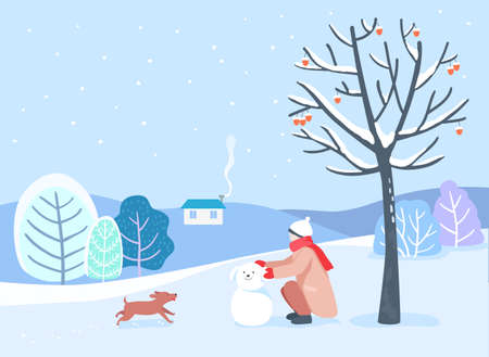 a person making a snowman in a snowy village and a dog running aroundのイラスト素材