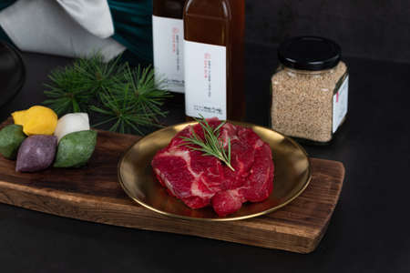 Korean holiday Chuseok and Seol gift set of apple, pear, rice cake, beef in wrapping cloth