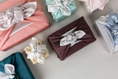 Korean holiday gift concept, gift boxes wrapped in silk clothの写真素材