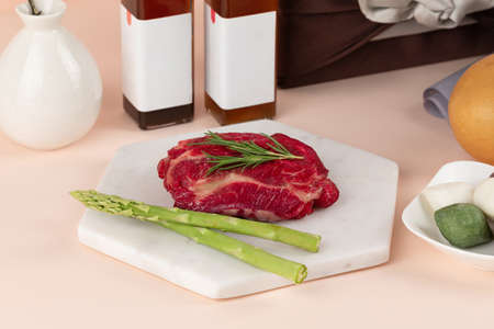 Korean holiday Chuseok and Seol gift set of fruits, rice cake, beef, asparagusの写真素材