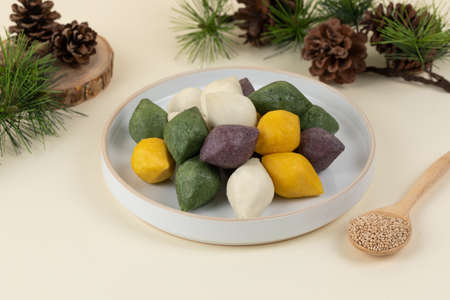 Korean traditional food gift set, songpyeon rice cake with pine cone and needlesの写真素材