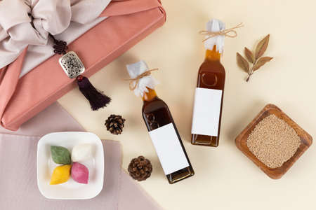 premium sesame oil gift set, Korean traditional gift wrappingの写真素材
