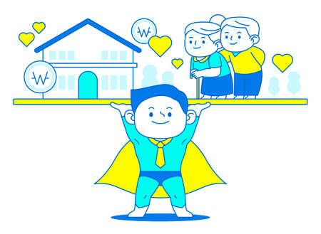 insurance sales concept, super hero introducing insurance for various situations and accidentsのイラスト素材