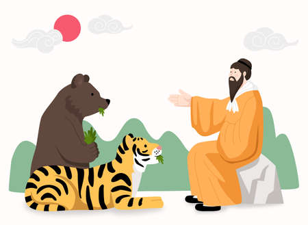 Dangun, bear and tiger on Korean National Foundation Dayのイラスト素材