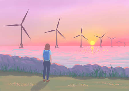 sunset in the Sinchang Windmill Coast, Jeju island