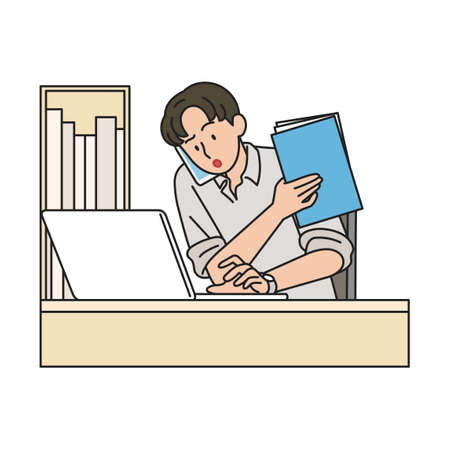 man employee handling phone, document, online work at same time, multi work conceptのイラスト素材