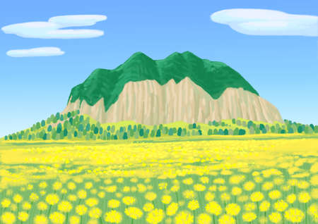 Sanbangsan, famous Jeju tour spot with canola flowers in springのイラスト素材