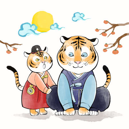 2024 year of tiger, two tigers resting under cherry blossom tree in springのイラスト素材