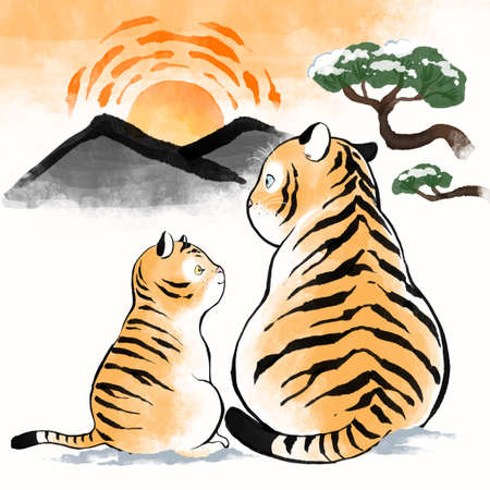 2022 year of tiger, two tigers watching new year sunriseのイラスト素材