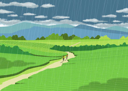 people trekking with umbrella, rainy season in Koreaのイラスト素材