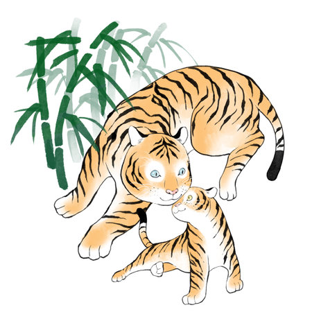 2022 year of tiger, two tigers playing in bamboo treesのイラスト素材