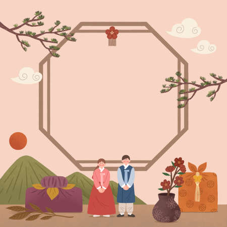 man and woman character wearing Hanbok, Chuseok theme autumn memo designのイラスト素材