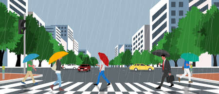 people walking with umbrella in city, rainy season in Koreaのイラスト素材