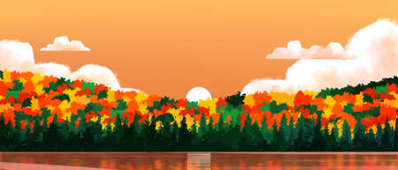 Autumn forest landscape in sunsetのイラスト素材