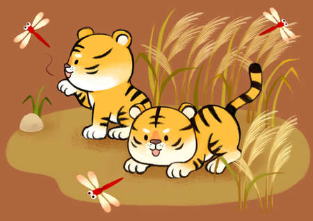 cute tiger character with emotions and motionsのイラスト素材