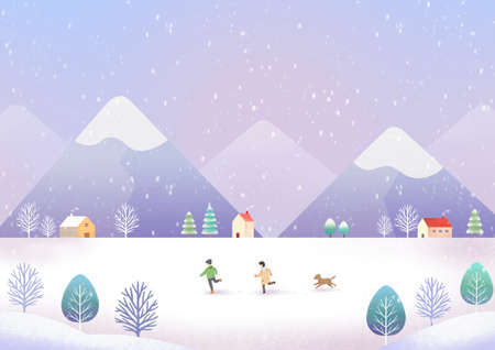 kids running around in a snowy villageのイラスト素材