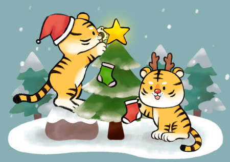 cute tiger character with emotions and motionsのイラスト素材