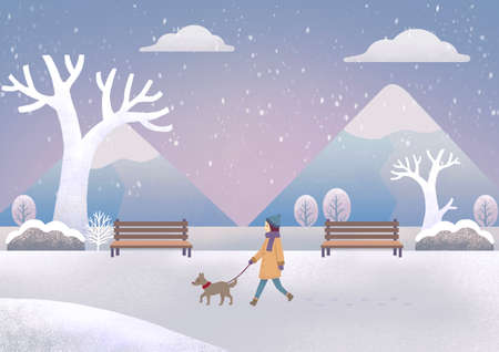 a puppy taking a walk in the snowのイラスト素材