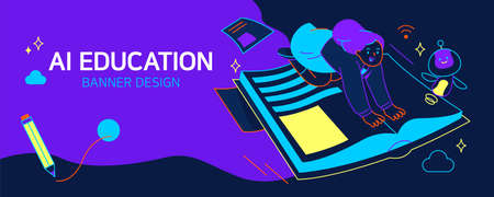 AI education banner illustration of student studyingのイラスト素材