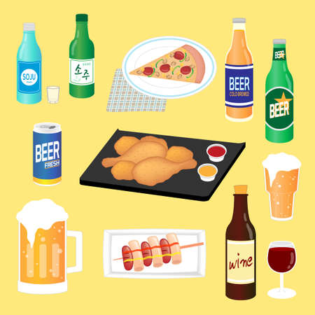 summer object, alcohol drinks and snack vector illustrationsのイラスト素材
